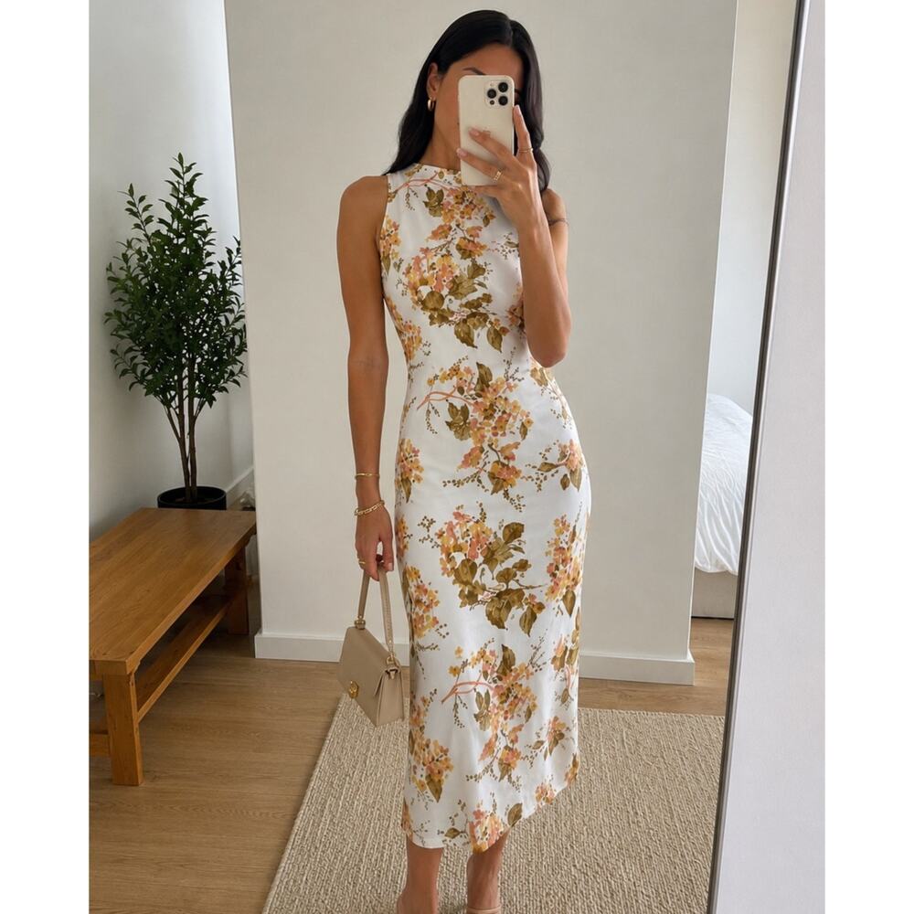 Reformation NEW Casette Linen Midi Dress in Bella White Floral 10